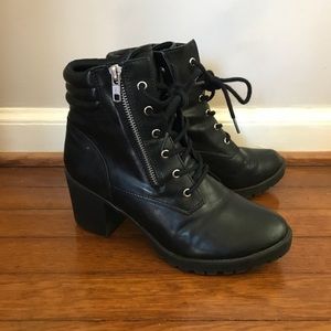 Chunky heel black moto bootie with zipper detail